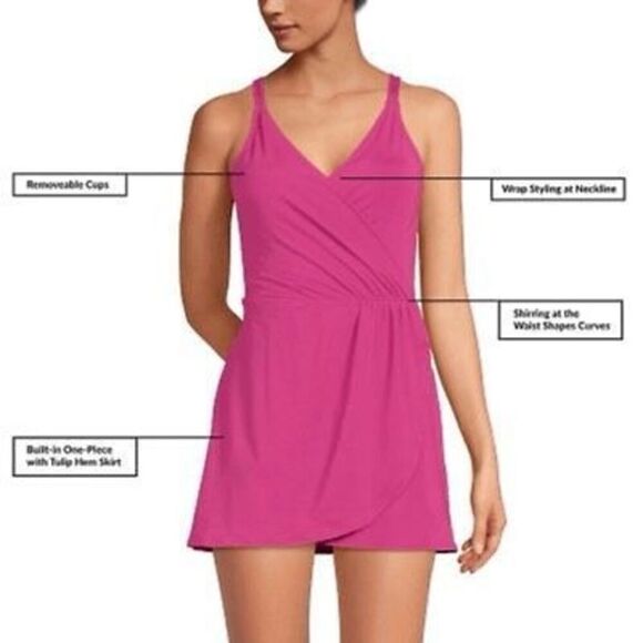 Lands End Size S Tulip Wrap Swim Dress Hot Pink One Piece Modest Swimsuit Preppy - Picture 3 of 11